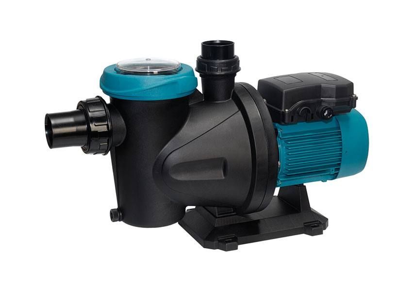 Black and blue electric water pump with inlet and outlet ports on a white background