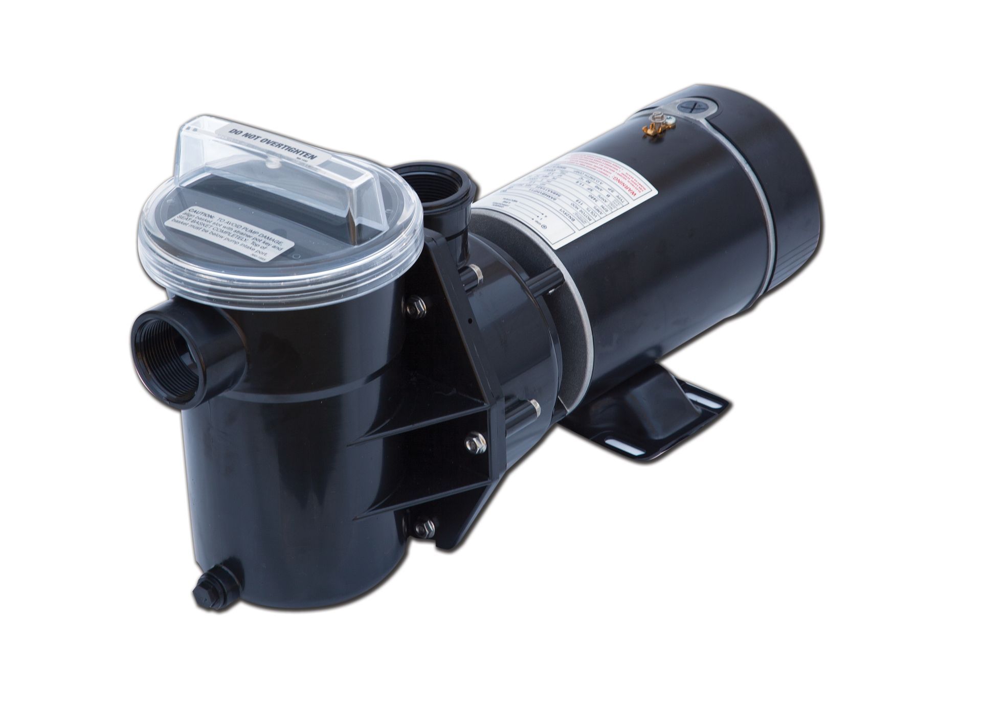 Black pool pump with clear strainer lid and motor housing on white background