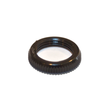 Black threaded plastic ring on a white background