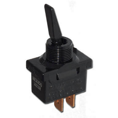 Black toggle switch with two metal terminals on a white background