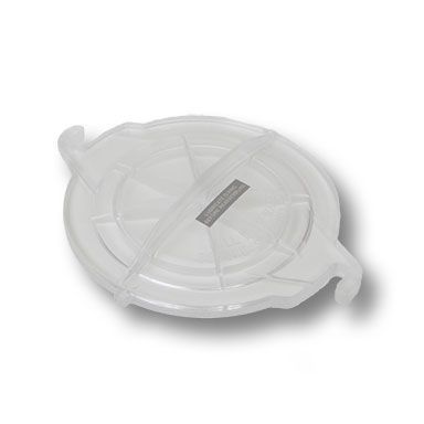 Clear plastic round food storage container with lid and side handles