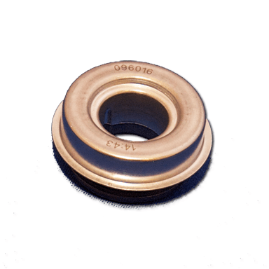 Gold metal-and-rubber bearing seal ring on a white background