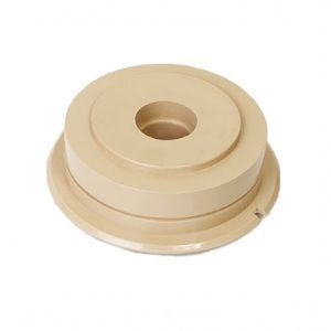 Beige round plastic spool with a central hole on a white background