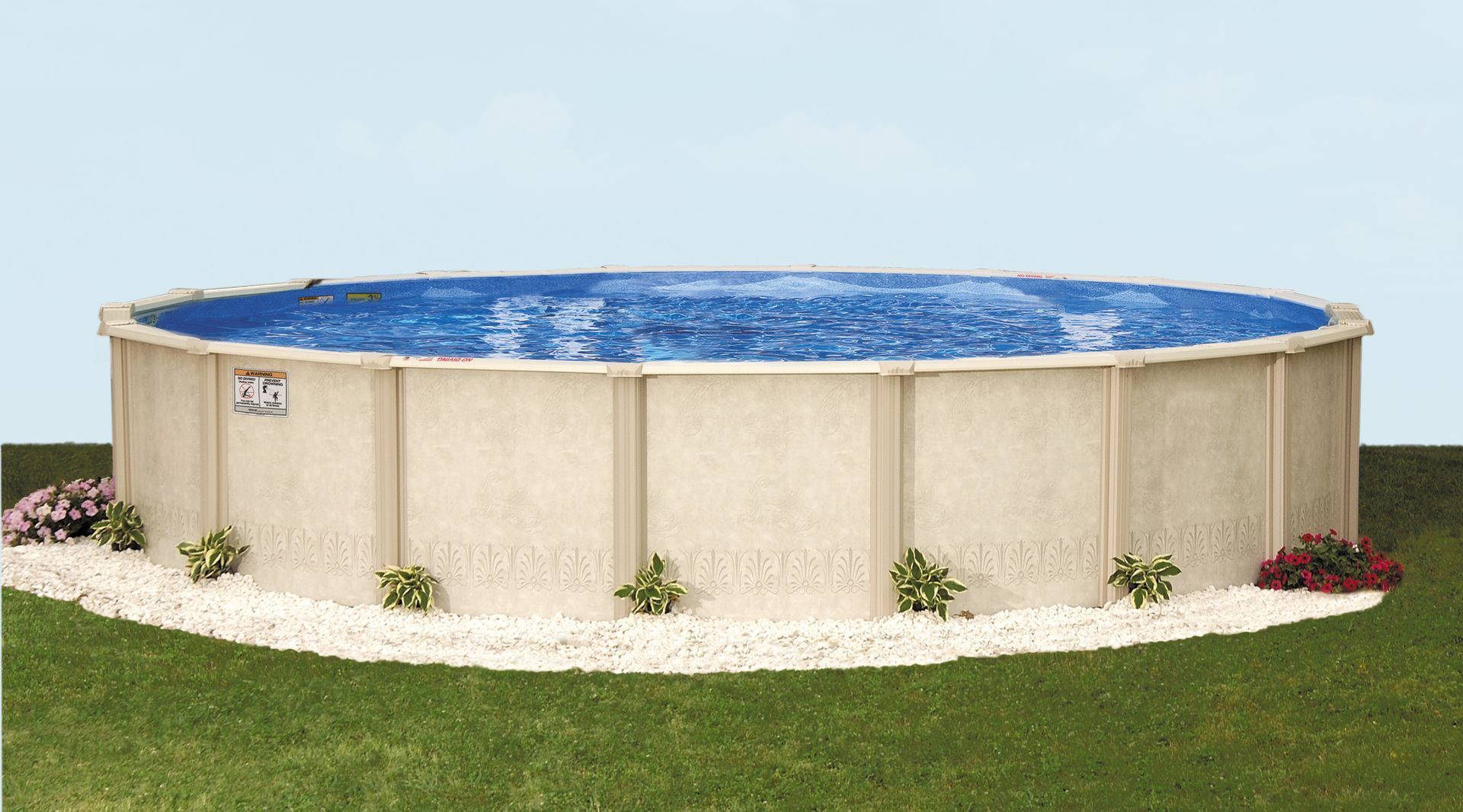 Round above-ground pool with blue water, beige sides, and white gravel border on a grassy lawn