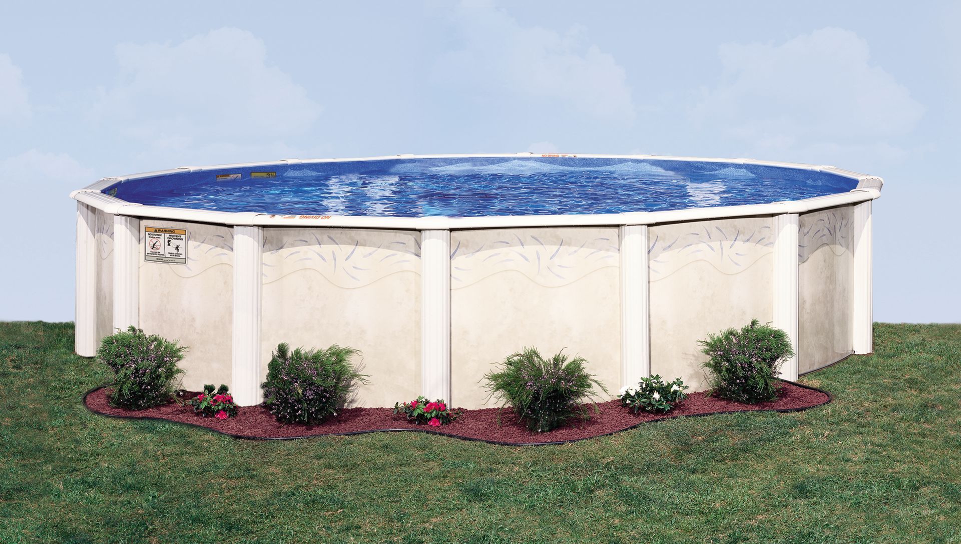Above-ground round swimming pool with blue water and white sides in a grassy yard