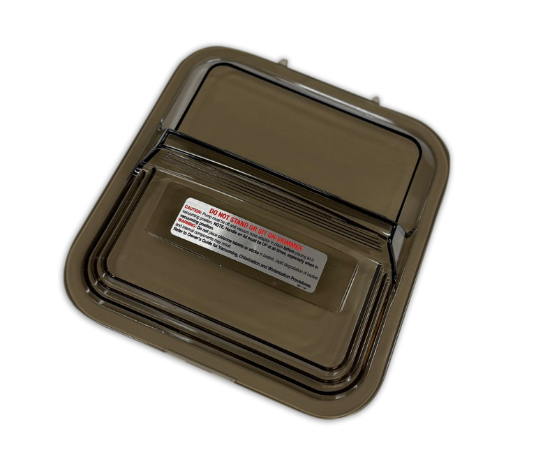 Brown plastic food container lid with a silver label, tilted on a white background