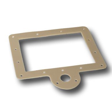 Beige rectangular plastic frame with screw holes and a circular tab on a white background