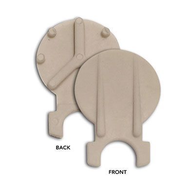 Beige back and front view of a circular leather or cardboard strap holder with tabs and buttons