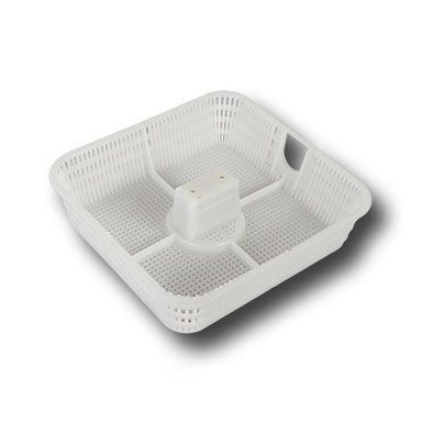 White plastic perforated basket tray with raised center, shown on a plain background