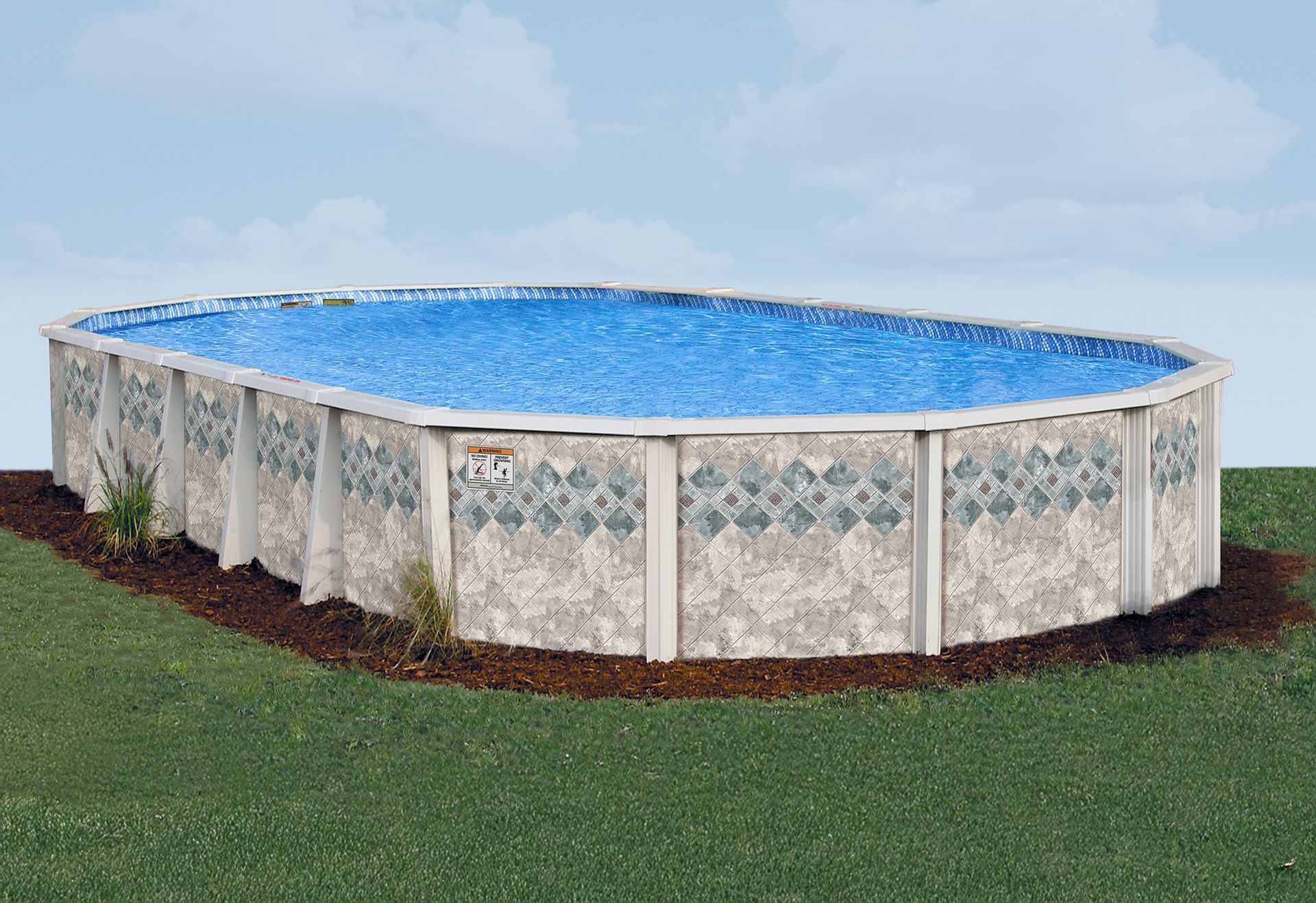 Above-ground pool filled with blue water on a grassy lawn under a partly cloudy sky