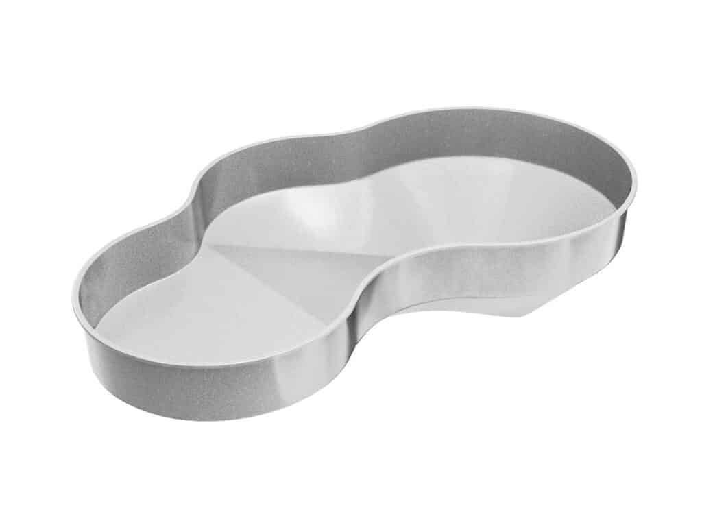 Silver metal two-compartment serving tray with rounded, kidney-shaped sections