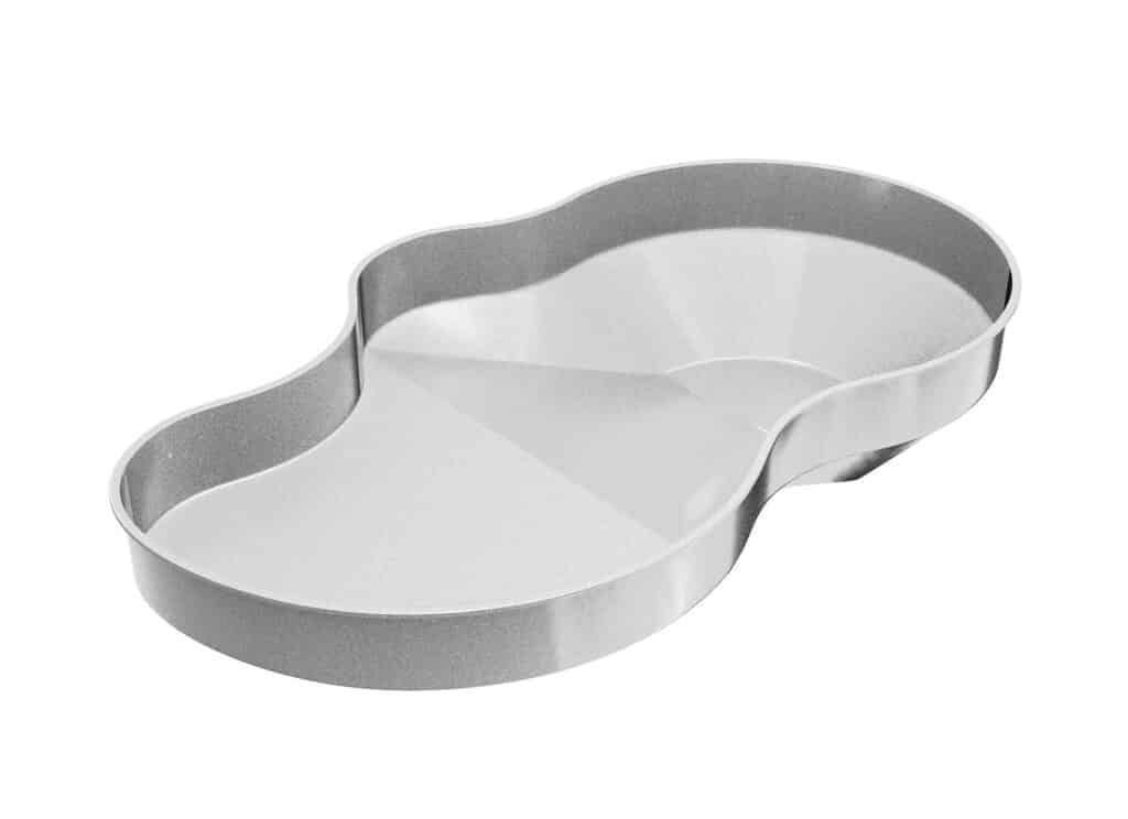 Silver kidney-shaped baking pan on a white background