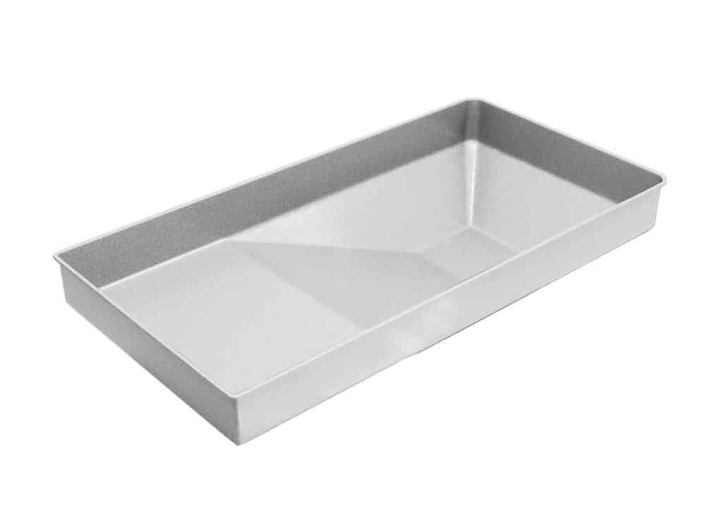 Rectangular metal baking pan with a light gray interior on a white background