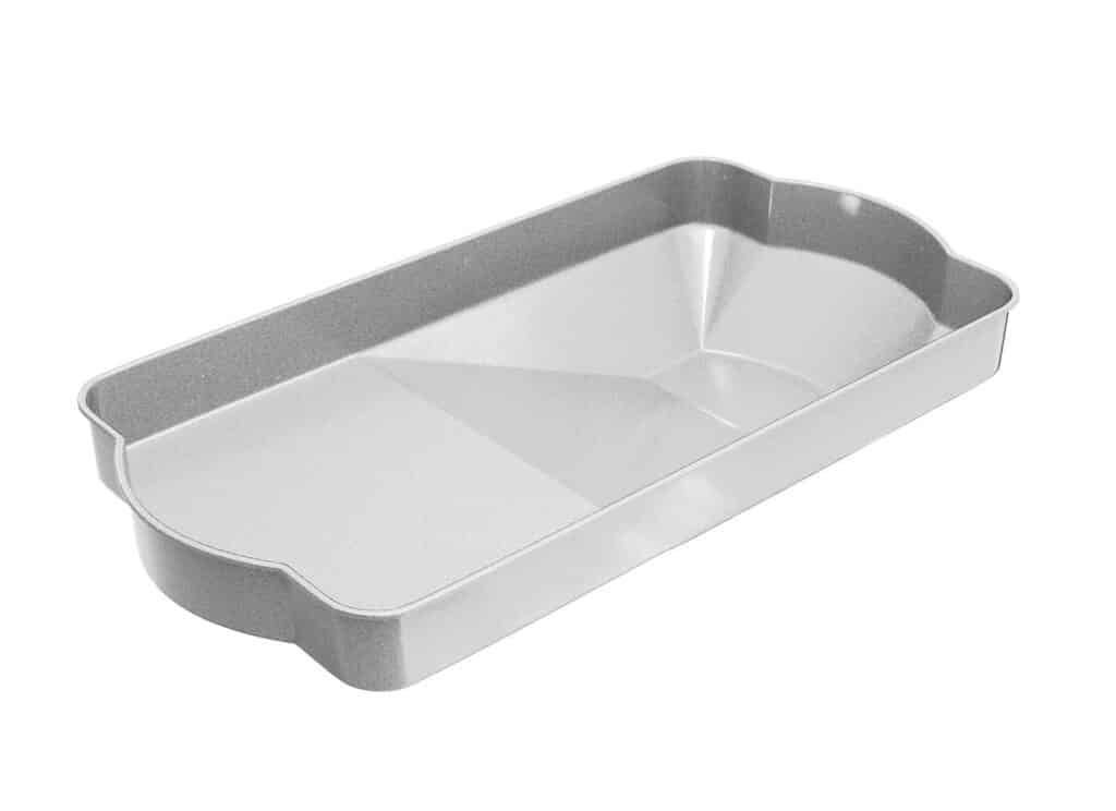 White rectangular metal baking pan with rounded corners on a white background