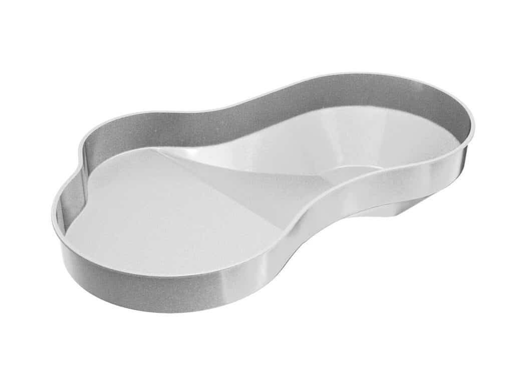 White and silver kidney-shaped serving tray with a raised rim on a white background
