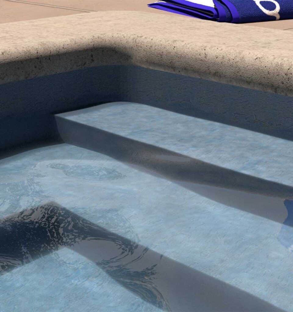 Blue swimming pool steps with a handrail and a pool deck towel in the corner