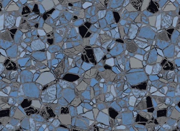Blue and gray mosaic of irregular stone or tile fragments with dark grout lines