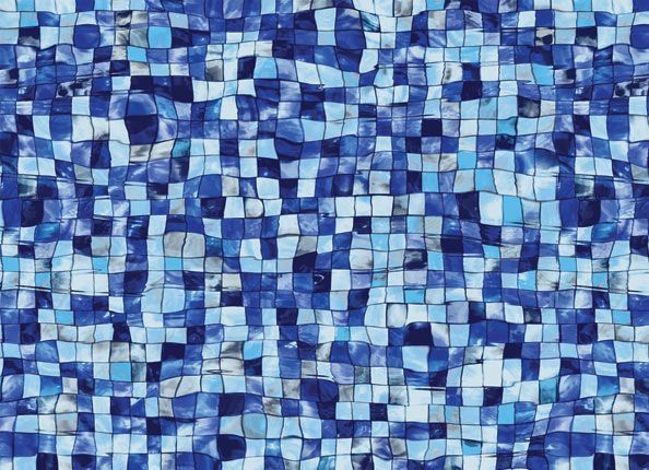 Blue and white mosaic of small square tiles with a wavy abstract pattern