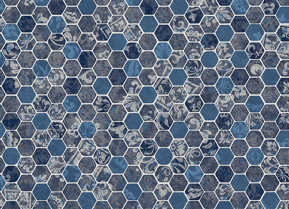 Blue and gray hexagonal mosaic tile pattern with a textured, weathered look