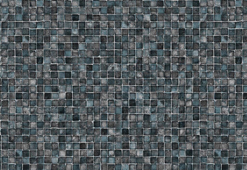 Abstract mosaic of small gray, blue, and black tiles in a repeating grid pattern