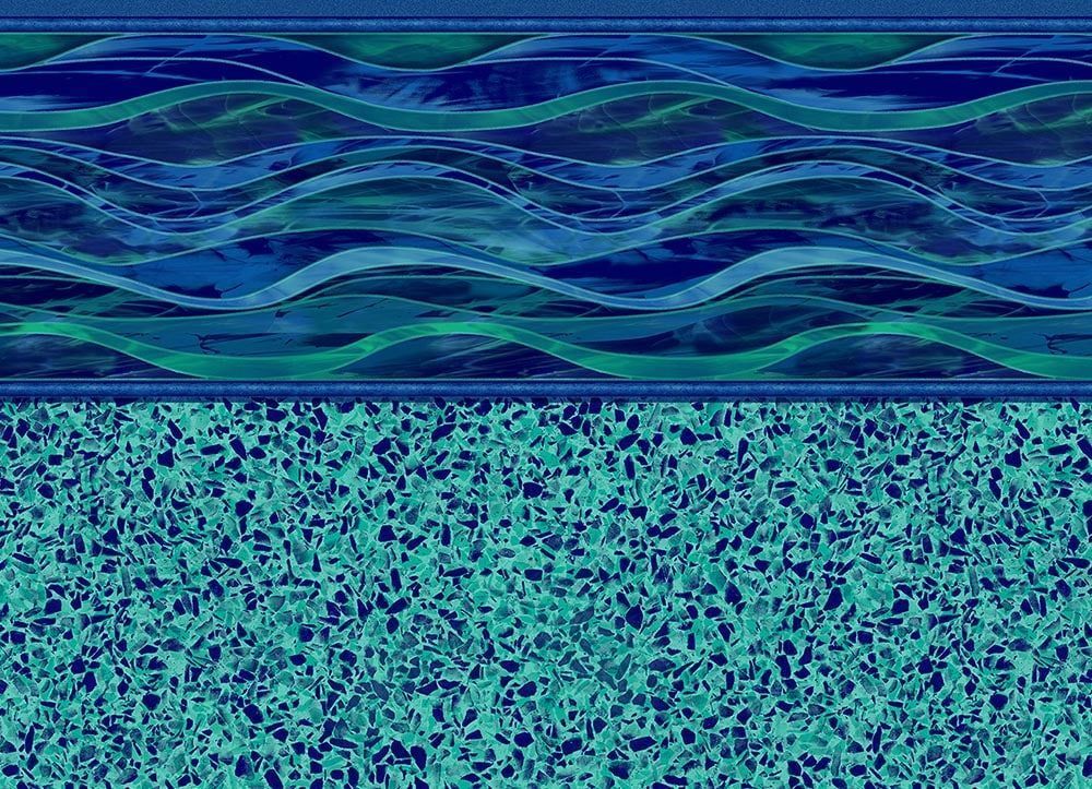 Abstract blue and teal wavy pattern over speckled turquoise texture.