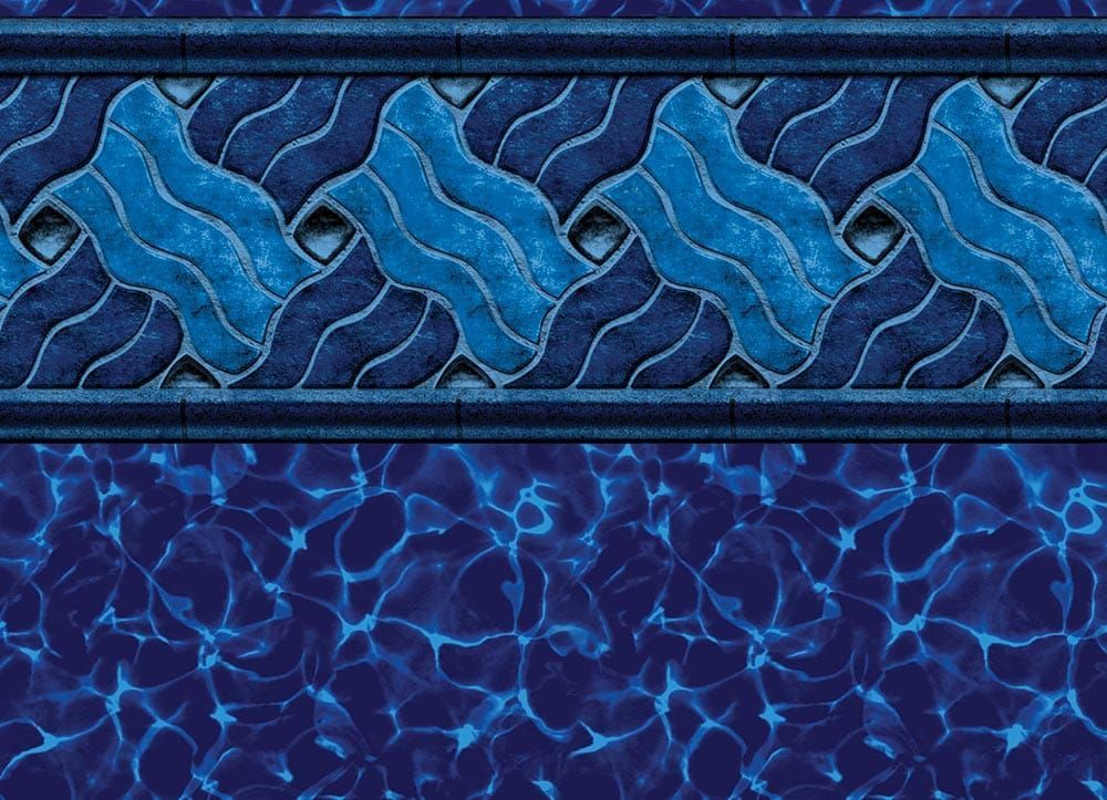 Blue abstract textured pattern with wavy top band and darker floral-like lower section
