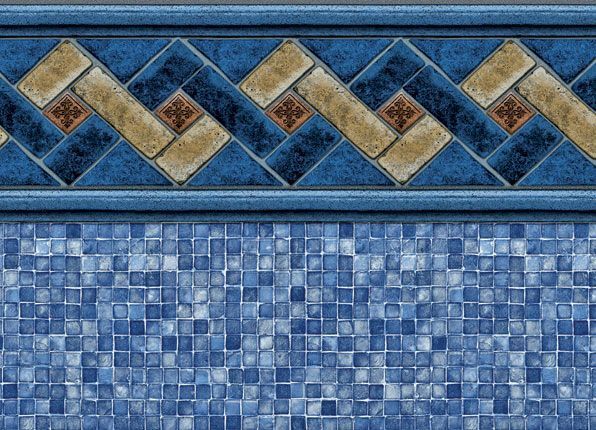Blue mosaic pool wall with a tan and blue geometric border pattern