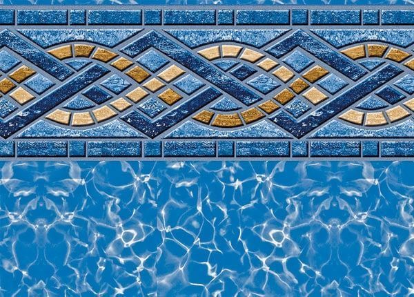 Blue pool water with a decorative blue, gold, and white mosaic tile border along the edge