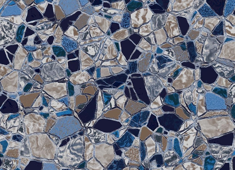Blue, gray, and beige mosaic tile pattern with irregular stone-like pieces