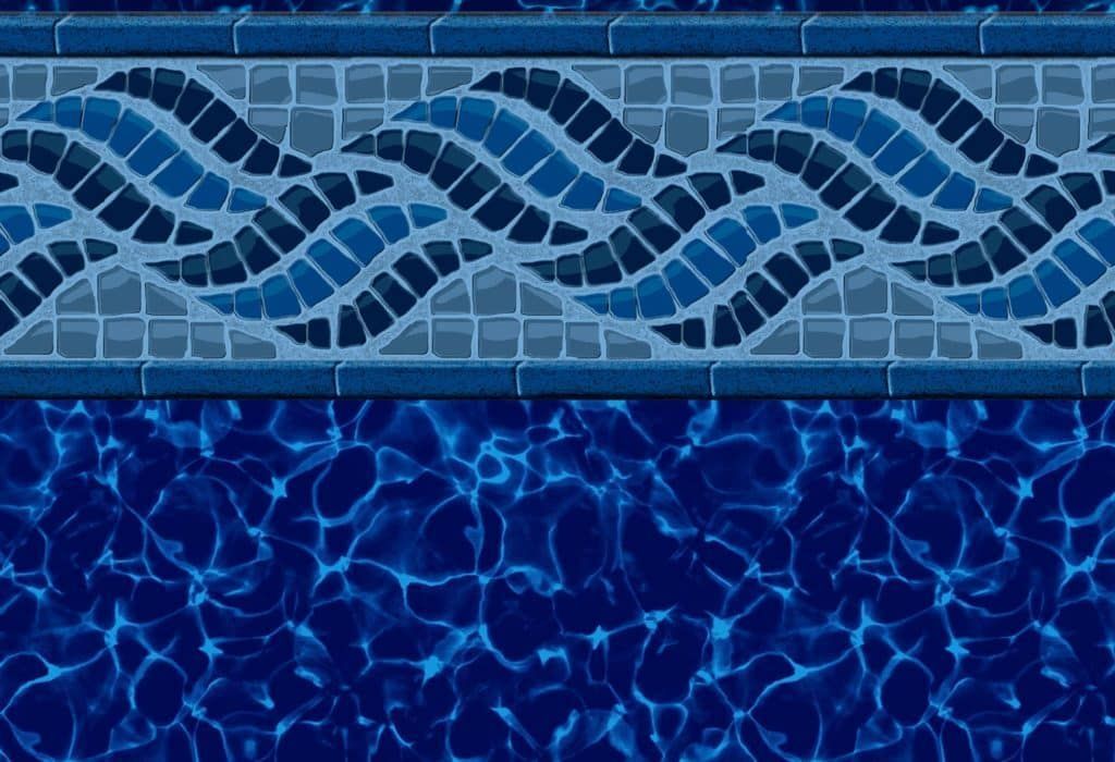 Blue swimming pool with a decorative wave tile border along the edge