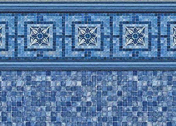 Blue tiled pool wall with decorative square star patterns along the top edge