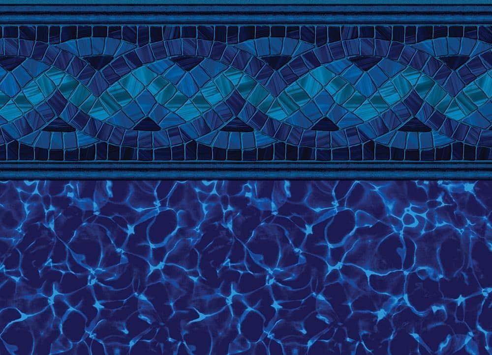 Blue geometric tile pattern above a rippling pool of water