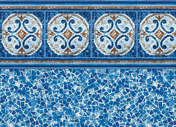Blue tiled pool wall with decorative mosaic border and circular patterns