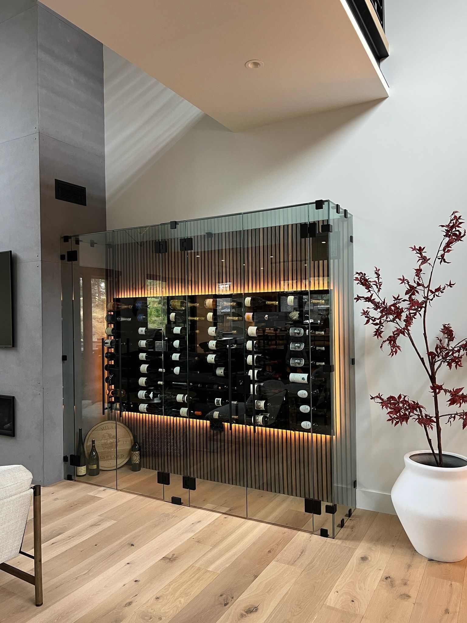 A living room with hardwood floors and a wine cellar