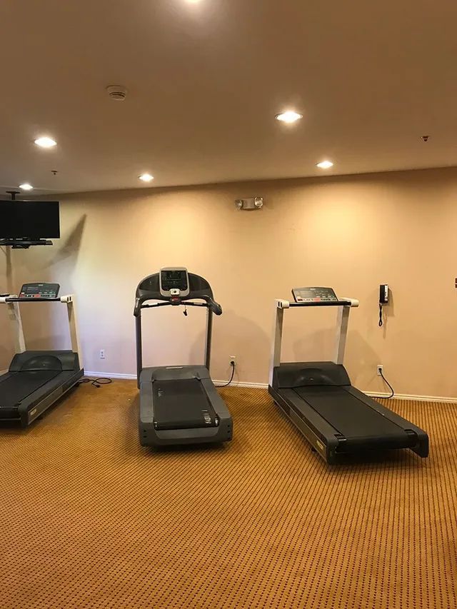 Three treadmills are lined up in a gym