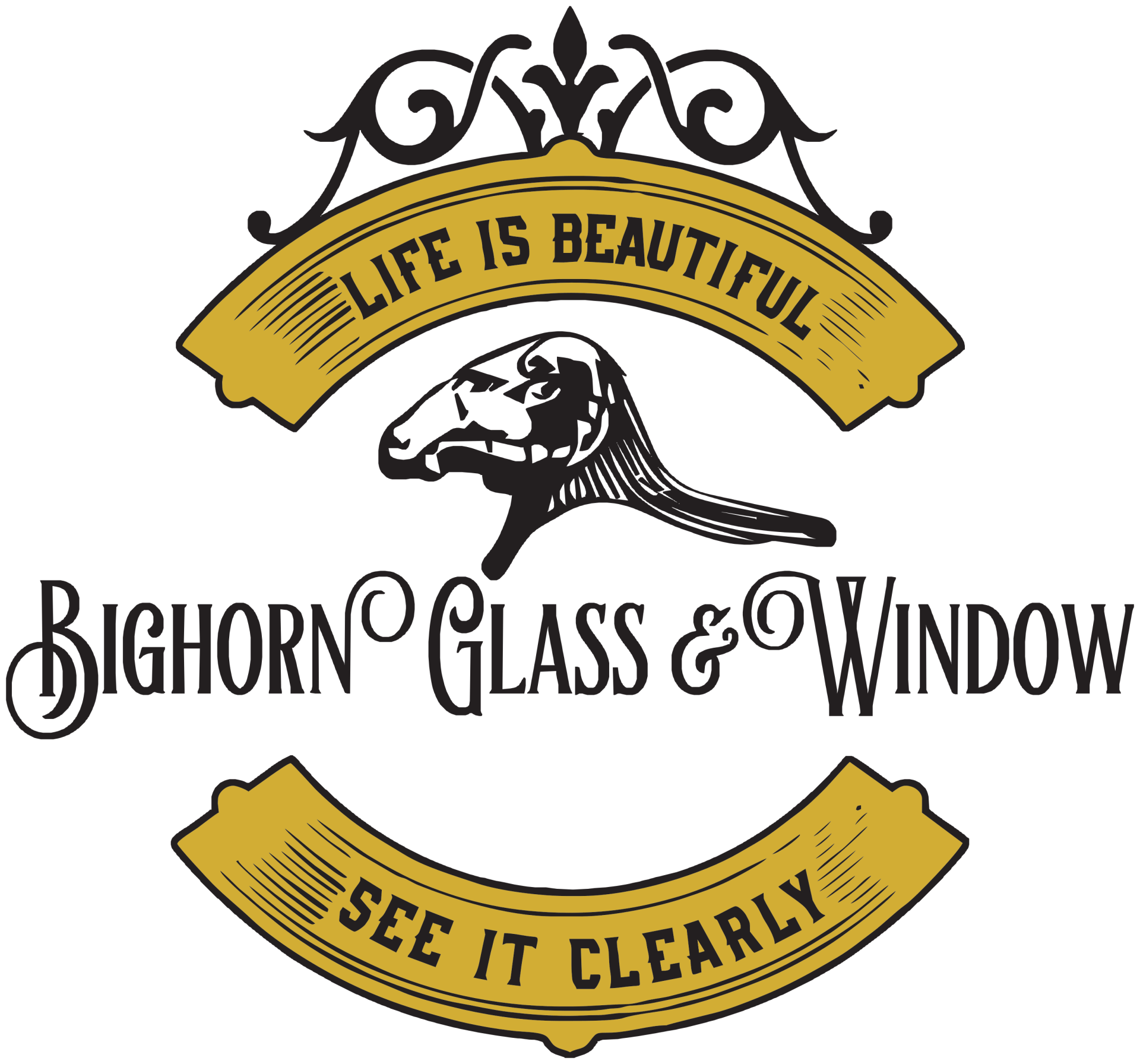 The logo for bighorn glass and window says life is beautiful see it clearly.