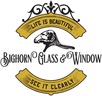 The logo for bighorn glass and window says life is beautiful see it clearly.