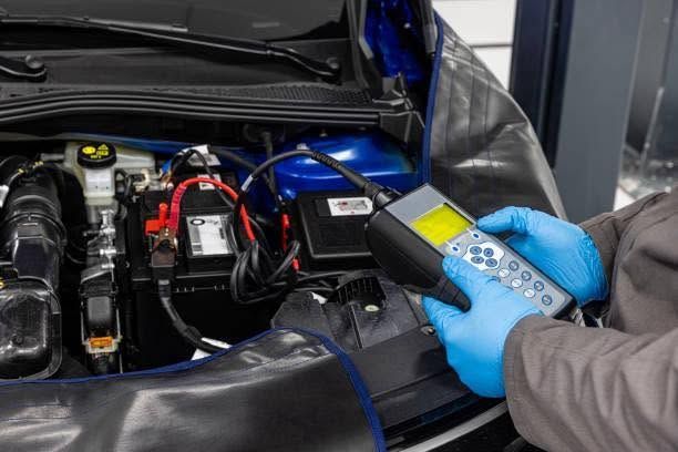 Mechanic testing a car battery with a handheld diagnostic device in an open engine bay