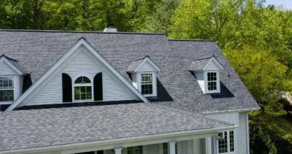 Gray shingled house roof with dormer windows, framed by green trees