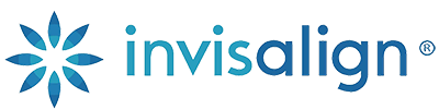 Invisalign logo in teal with a blue flower-like icon on a white background.
