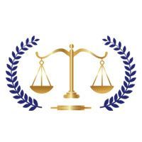 Gold scales of justice with a blue laurel wreath border.