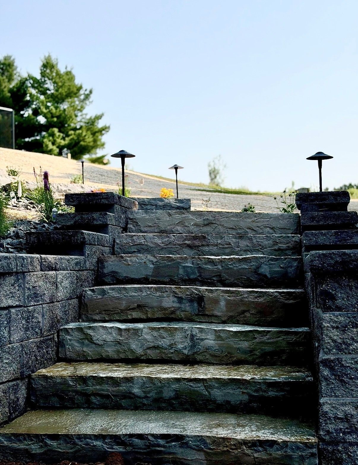 Stone steps leading up a landscaped hillside path with small lamp posts and blue sky above