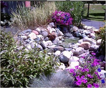 a rock garden with purple flowers and a waterfall