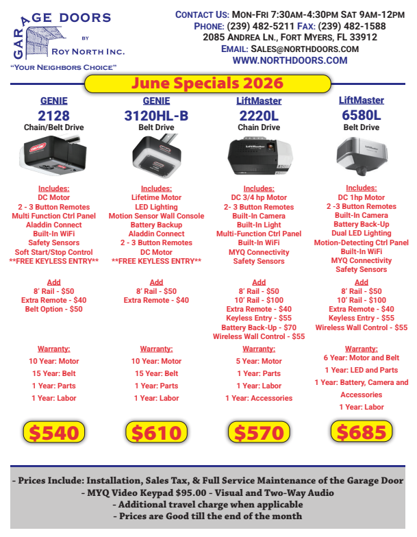 June 2026 sales flyer for Garage Doors of North Inc. listing features and prices for four garage door opener models.