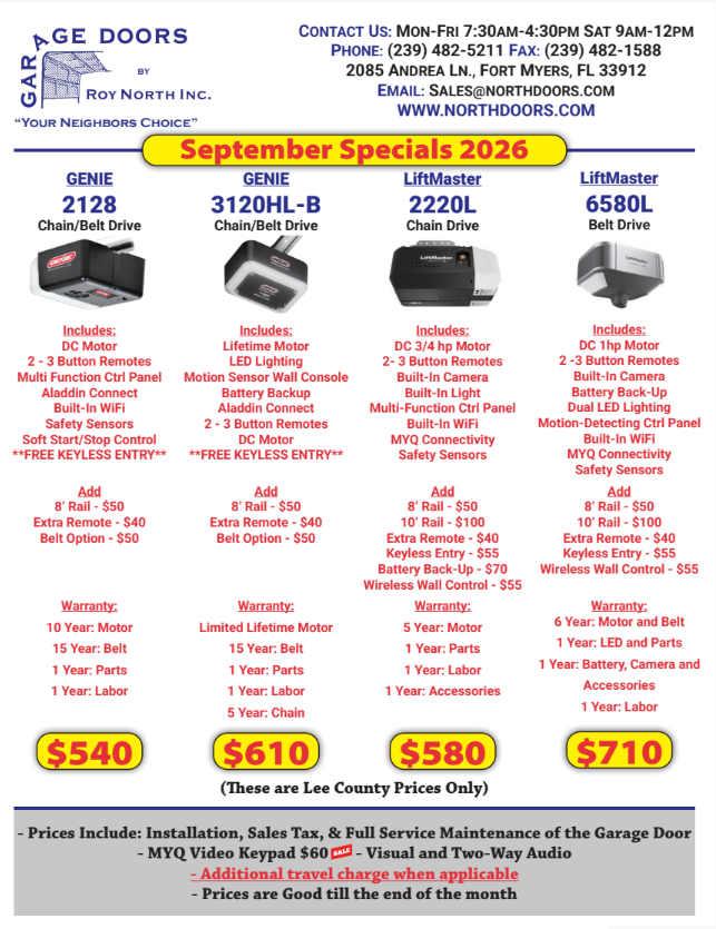 June 2026 sales flyer for Garage Doors of North Inc. listing features and prices for four garage door opener models.