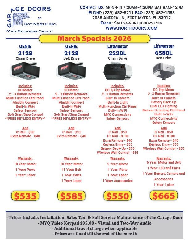 Garage door specials advertisement for March 2026.