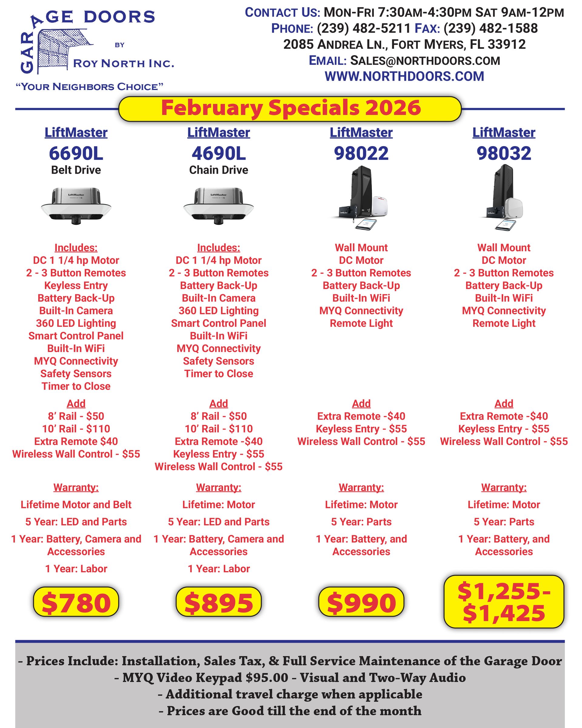 Flyer advertising garage door openers, featuring product images and pricing for February 2026.