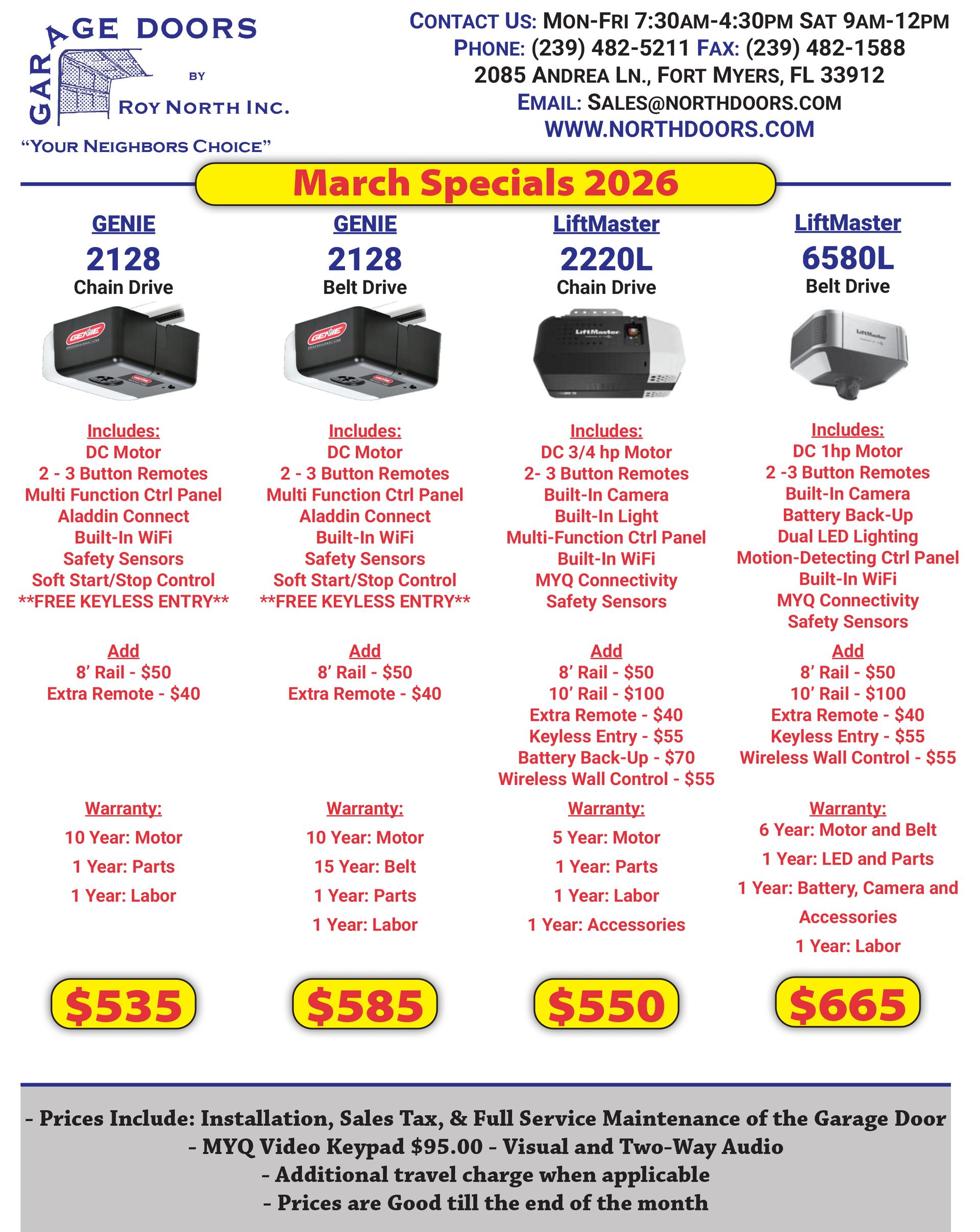 Flyer for Garage Doors of North Inc. showing March 2026 specials for four garage door opener models with prices and specs.