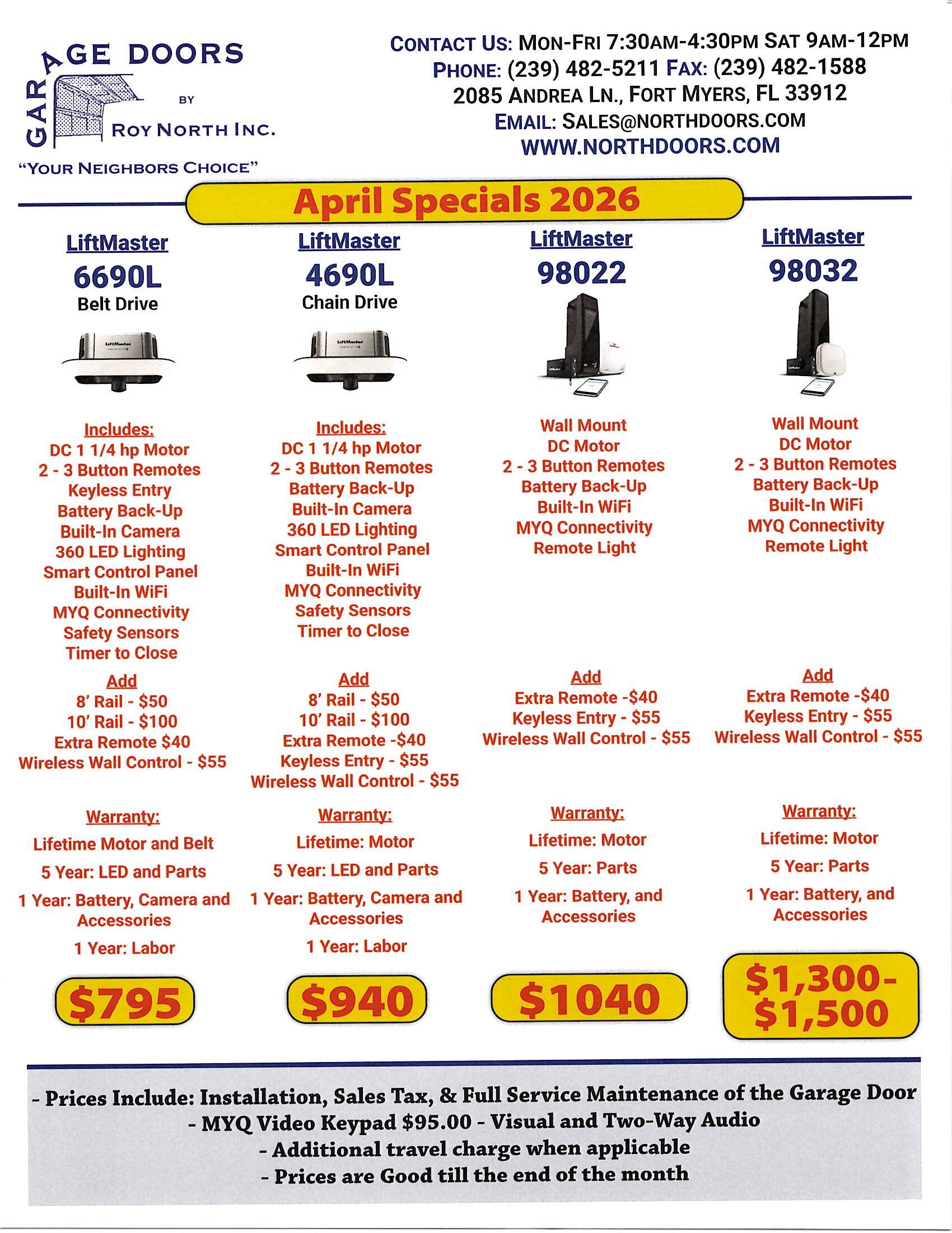Garage Doors by Landmark flyer for April 2026 specials, listing four opener models with features and pricing.