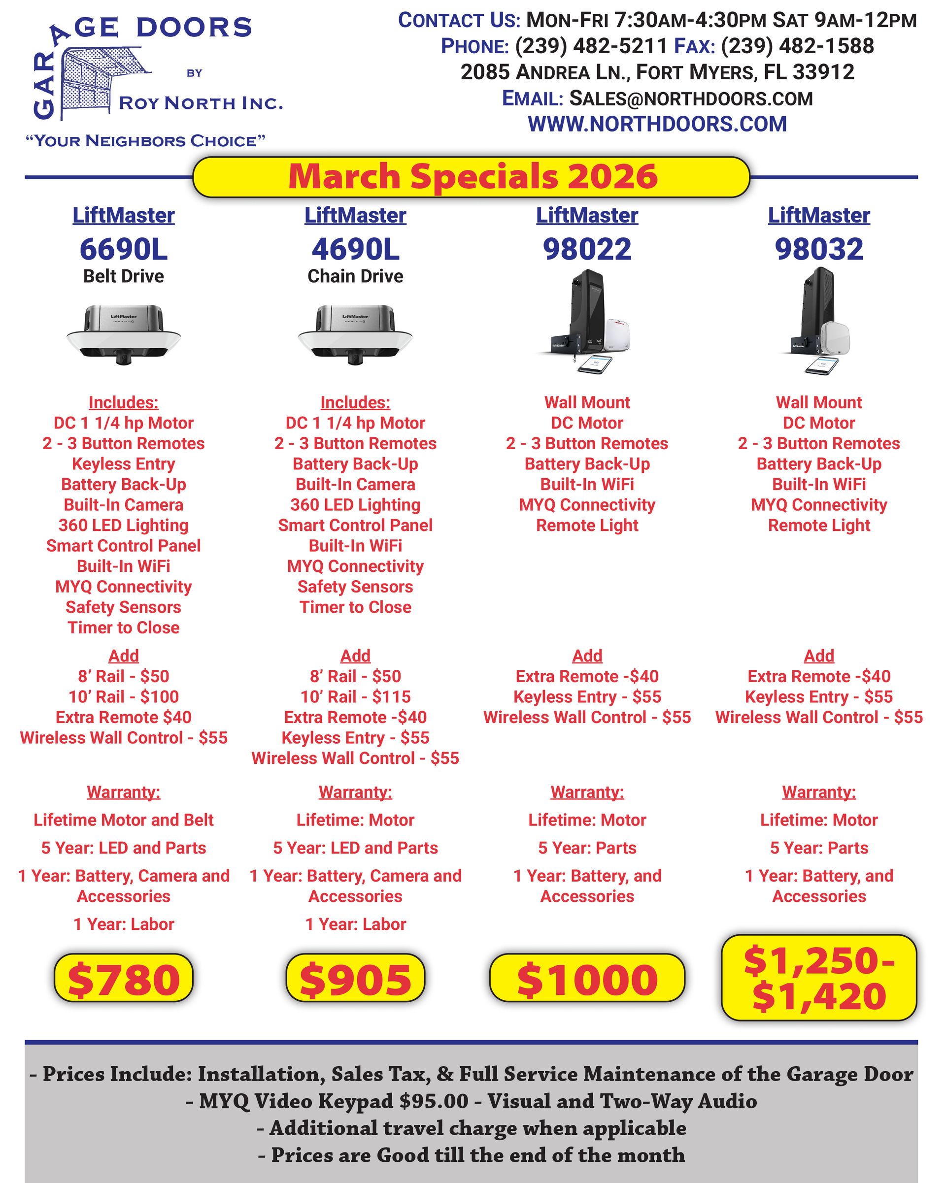 March 2026 sales flyer for garage door openers from Garage Doors of North Inc., listing models, features, and prices.
